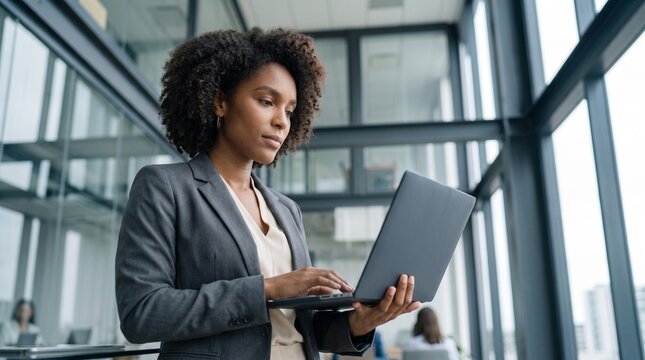 Focused African American businesswoman typing on laptop computer while standing near glass window in modern bright corporate office, representing career determination and executive power.