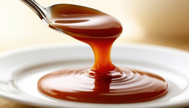 Sweet liquid caramel pours from a spoon onto a clean white plate. Perfect food photography for dessert or bakery.