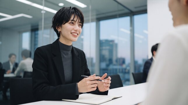 Smiling young Asian businesswoman with short hair talking at meeting in corporate office. Happy Japanese female entrepreneur, confident professional manager interviewing client at desk.