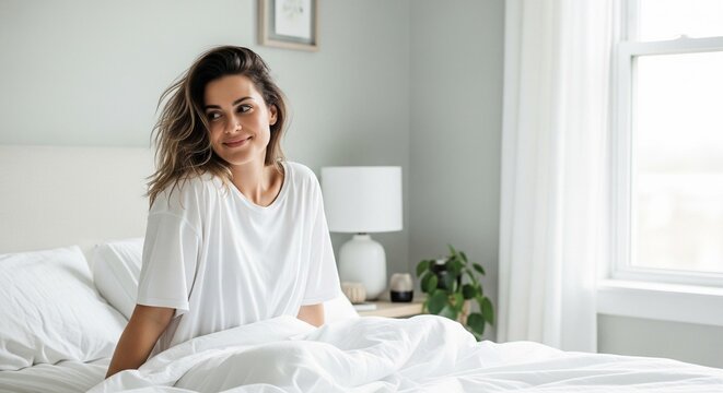 A happy smiling young woman with messy hair sitting in a bright bed with white sheets in the morning, looking away with a relaxed expression