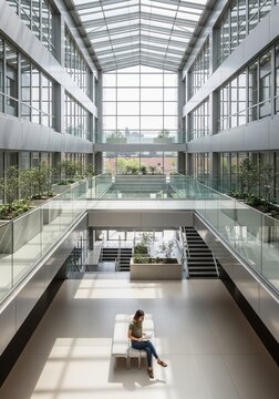 Top view of a person sitting alone on a white bench in the middle of a massive, modern office building lobby with high glass windows
