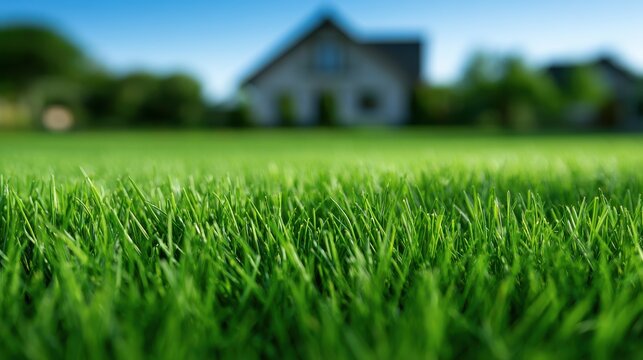 Close-up of a vibrant green lawn with a blurred house in the background. Perfect for real estate and home gardening.