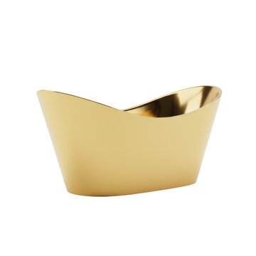 A polished 24k gold minimalist bathtub with ergonomic curves and mirror-like reflections on a white background in a studio setting concept of extreme luxury
