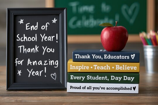 An apple sitting on a stack of books with an appreciation sign. Teacher appreciation concept for education.