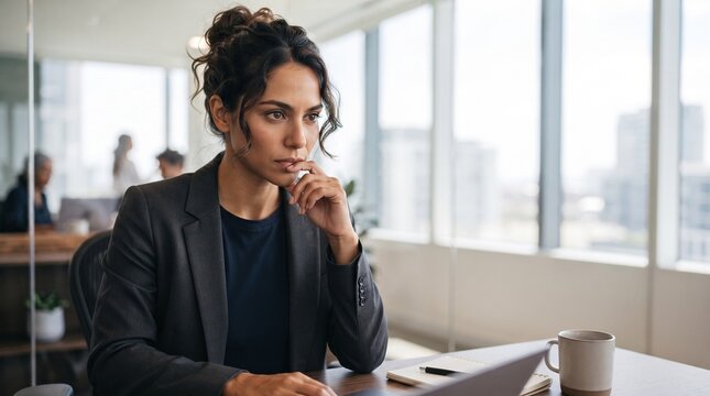 Thoughtful corporate woman looking at laptop screen at office desk with coffee mug. Focused female entrepreneur thinking about business strategy or solving problem in modern workplace.