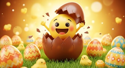 Naklejka premium Cheerful easter chick emerging from chocolate egg in springtime meadow