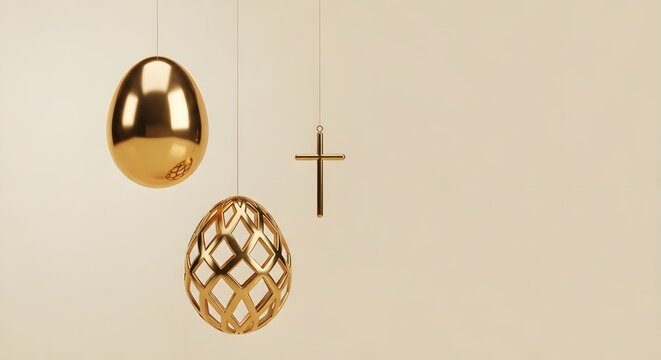 Golden easter eggs and cross hanging for religious celebration