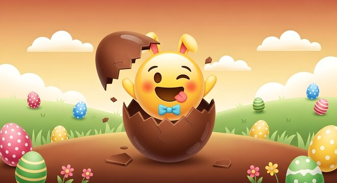 Cheerful easter chick hatching from chocolate egg with colorful eggs