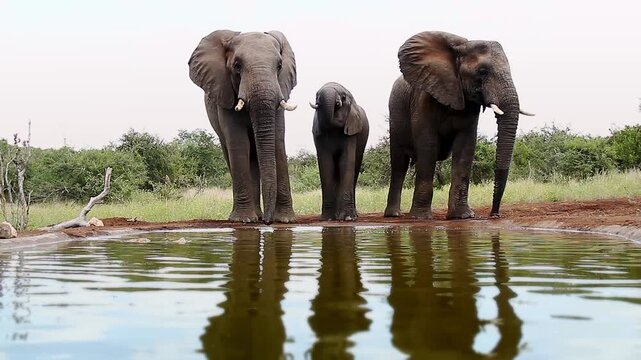 Three African bush elephants drinking front view in waterhole  in Greater Kruger National park, South Africa ; Specie Loxodonta africana family of Elephantidae