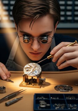 A young watchmaker wearing double magnifying glasses focuses intensely on repairing the delicate internal mechanism of a vintage mechanical clock under a spotlight