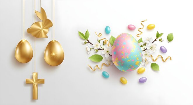 Golden easter decorations with floral elements and pastel candy
