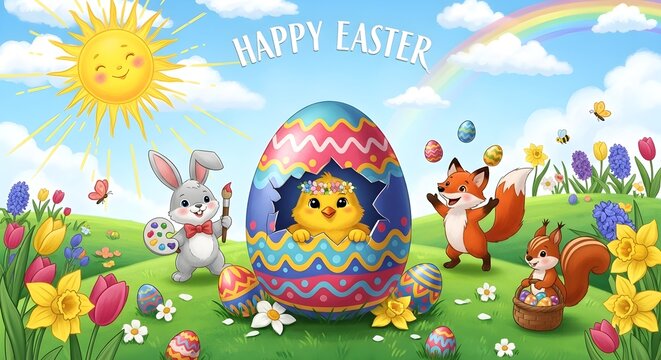 Cheerful easter illustration with bunny chick fox and squirrel friends