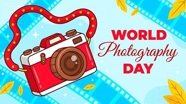 Red camera with red strap and World Photography Day text