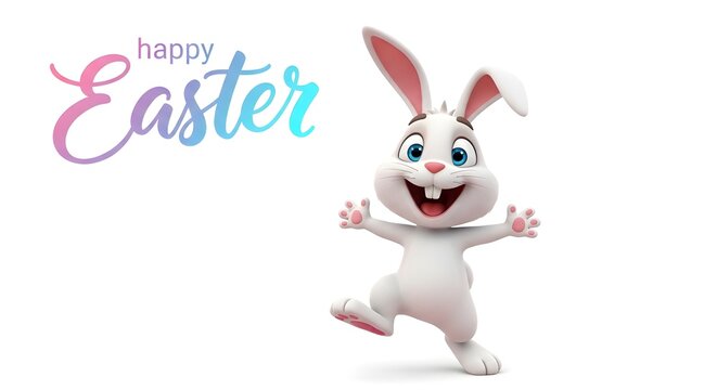 Cheerful easter bunny illustration with festive calligraphy greeting