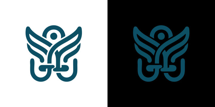 Minimalist line art winged logo icon set featuring abstract angel and anchor element