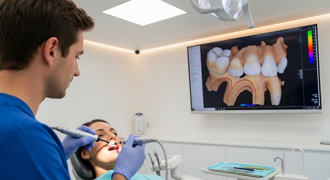 Modern dental clinic scene showing a dentist in blue scrubs working on a patient in a chair while referencing a large wall monitor displaying a color-coded 3D CAD/CAM scan of a full arch of teeth