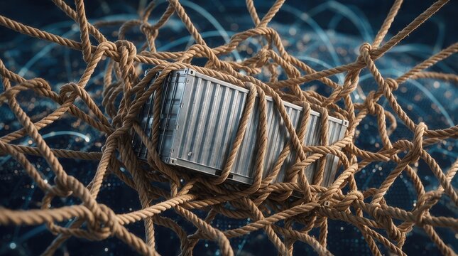 Tangled shipping container trapped in thick rope net, global supply chain crisis concept, logistics bottleneck and maritime trade disruption