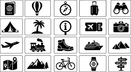 A comprehensive collection of twenty minimalist black and white vector icons representing various travel, tourism, adventure, and exploration themes arranged in a clean grid layout © RAC.Design-Magic