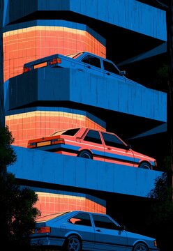 three classic 80s square body cars ascending a parking garage in nighttime print poster design