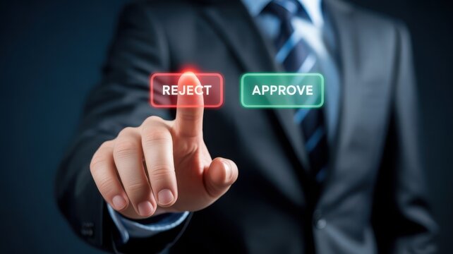 Businessman finger touching red reject button on digital virtual interface in office setting