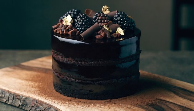 Premium editorial food photography of a four-layer 6-inch black cocoa and blackcurrant espresso cake enveloped in a mirror-smooth espresso ganache, displayed on a rustic smoked walnut serving board. 