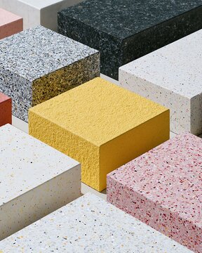 a selection of concrete materials of various colors and textures, neatly arrayed.