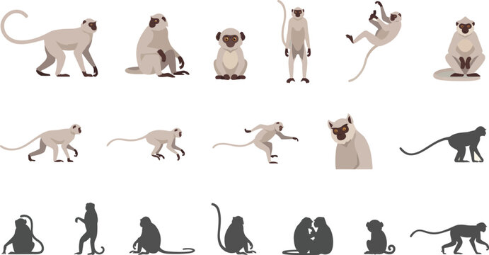 Collection of flat vector monkey icons featuring various poses, movements, and silhouettes in a minimalist style