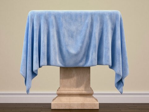 a podium with a fine soft blue cloth draped overtop