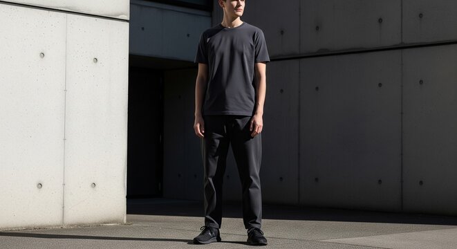 Full length portrait of a young man standing outdoors in front of a modern concrete wall with shadows. He is wearing a plain grey t-shirt and dark trousers.