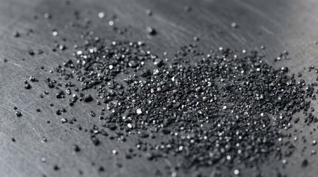 Closeup of black silicon carbide abrasive grit particles scattered on a metallic surface
