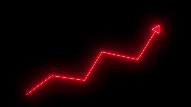 Neon red rising financial graph arrow animation on black background, for business growth, and success concepts