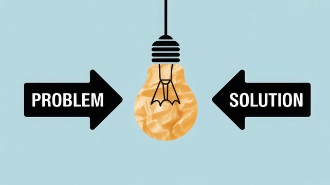 Problem and Solution Concept with Crumpled Paper Light Bulb and Arrows on Blue Background
