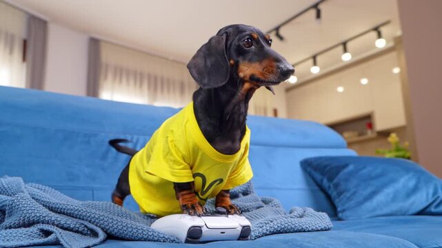A black and tan dachshund dog in a bright yellow shirt rests its paws on a white game controller on a knitted blanket over a blue sofa, a concept of screen obsession.