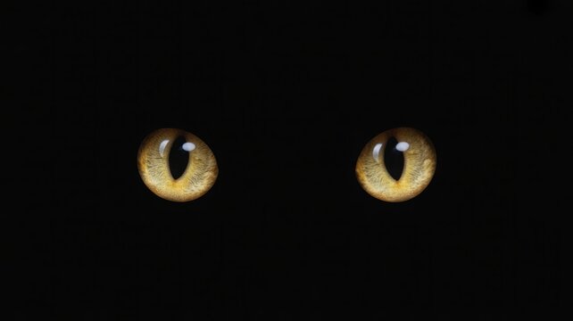 Close-up of two bright golden cat eyes with vertical pupils on a black background