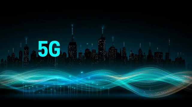 This presentation highlights a panoramic view of a city skyline focused on the features of a communication network using 5G technology.