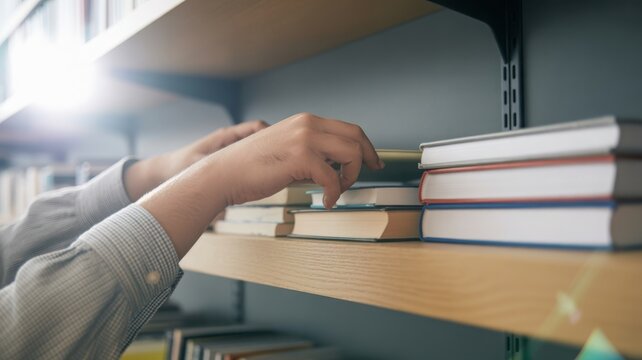 Close-up of hands reaching for books on a bookshelf in a library or bookstore