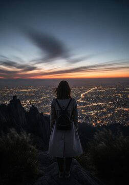 Woman looking at a big glowing city from a high mountain at sunset