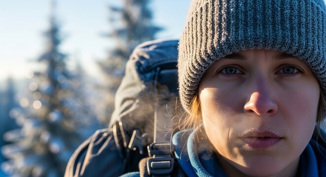 Close up portrait of a female hiker in winter mountains