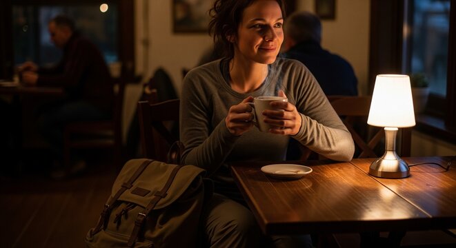 Cozy evening in a cafe with a young woman drinking coffee