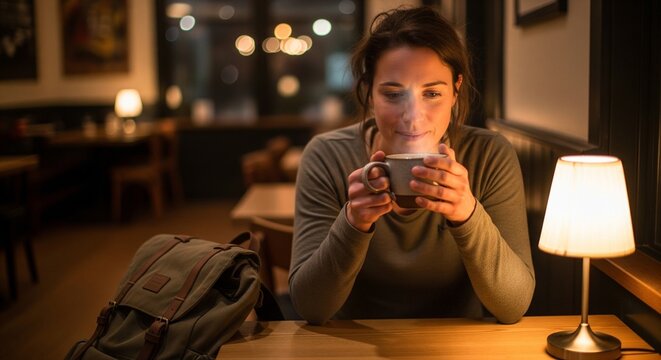 A cozy indoor shot of a woman sitting at a wooden table in a dimly lit cafe, holding a warm cup of coffee with a backpack resting next to her