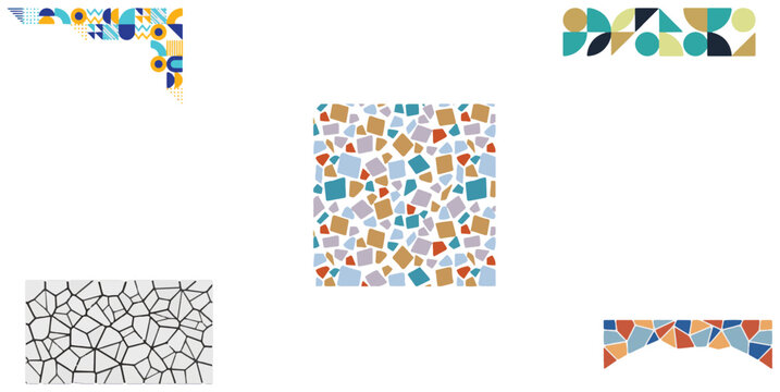 Abstract mosaic tile patterns and geometric borders on a black background for design