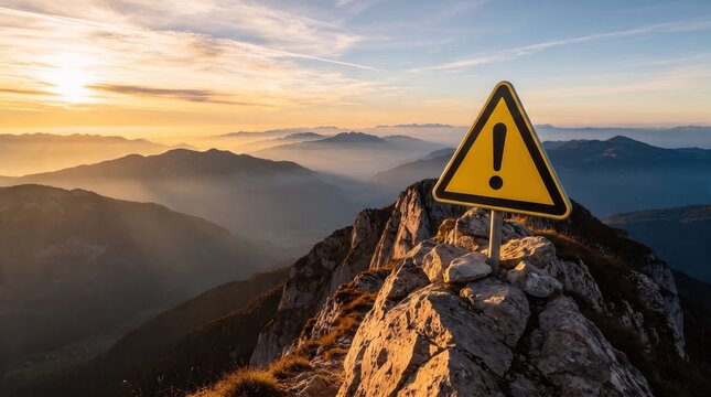 Yellow warning sign on mountain peak at sunset, exclamation mark caution symbol on rocky summit, dangerous terrain and risk concept in alpine landscape