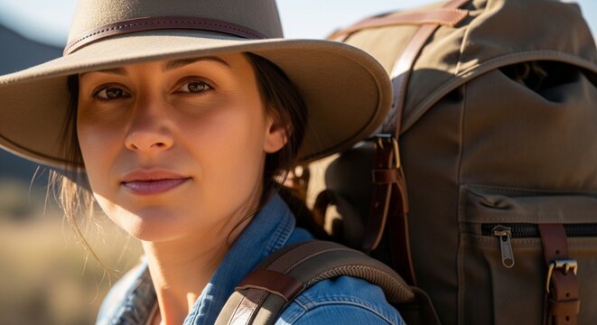 Close-up portrait of a female hiker wearing a brown sun hat and a large green hiking backpack, looking directly at the camera on a sunny day.