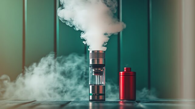 Vape pen releasing thick white vapor cloud. Electronic cigarette exhaling dense smoke indoors for smoking concept.