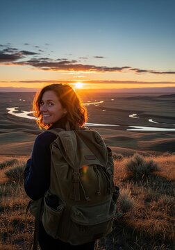 A smiling woman with a large backpack looking back at the camera during a beautiful golden sunset over a river valley.