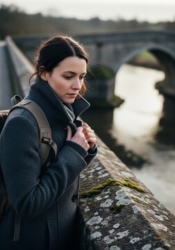 A young woman with a backpack standing on an old stone bridge on a cold day, looking sad and holding her coat collar.