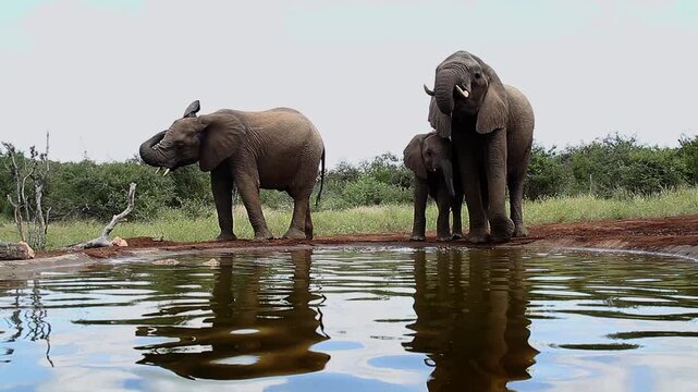 Three African bush elephants drinking front view in waterhole  in Greater Kruger National park, South Africa ; Specie Loxodonta africana family of Elephantidae
