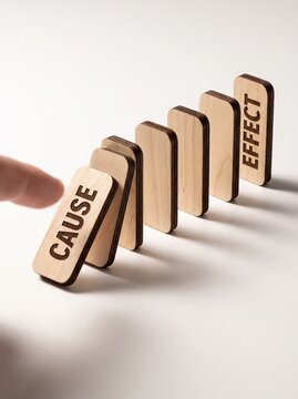 Hand pushing wooden domino labeled cause starting a chain reaction toward effect block, representing business risk and cause and effect concept