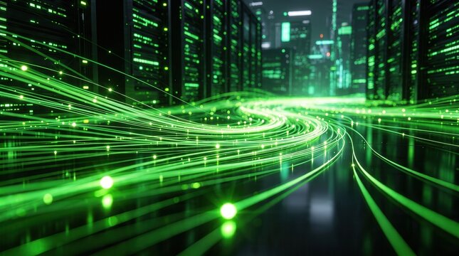 Futuristic green fiber optic cables in data center, high speed internet connection and digital information flow, glowing network server room