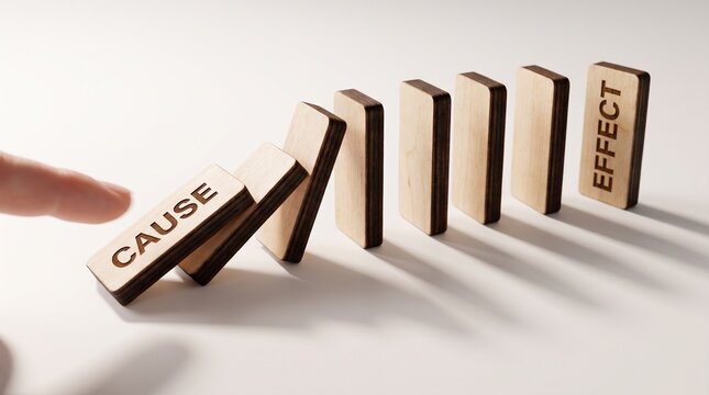 Finger pushing wooden domino block labeled cause starting a chain reaction of falling blocks towards effect, representing business risk and cause and effect concept